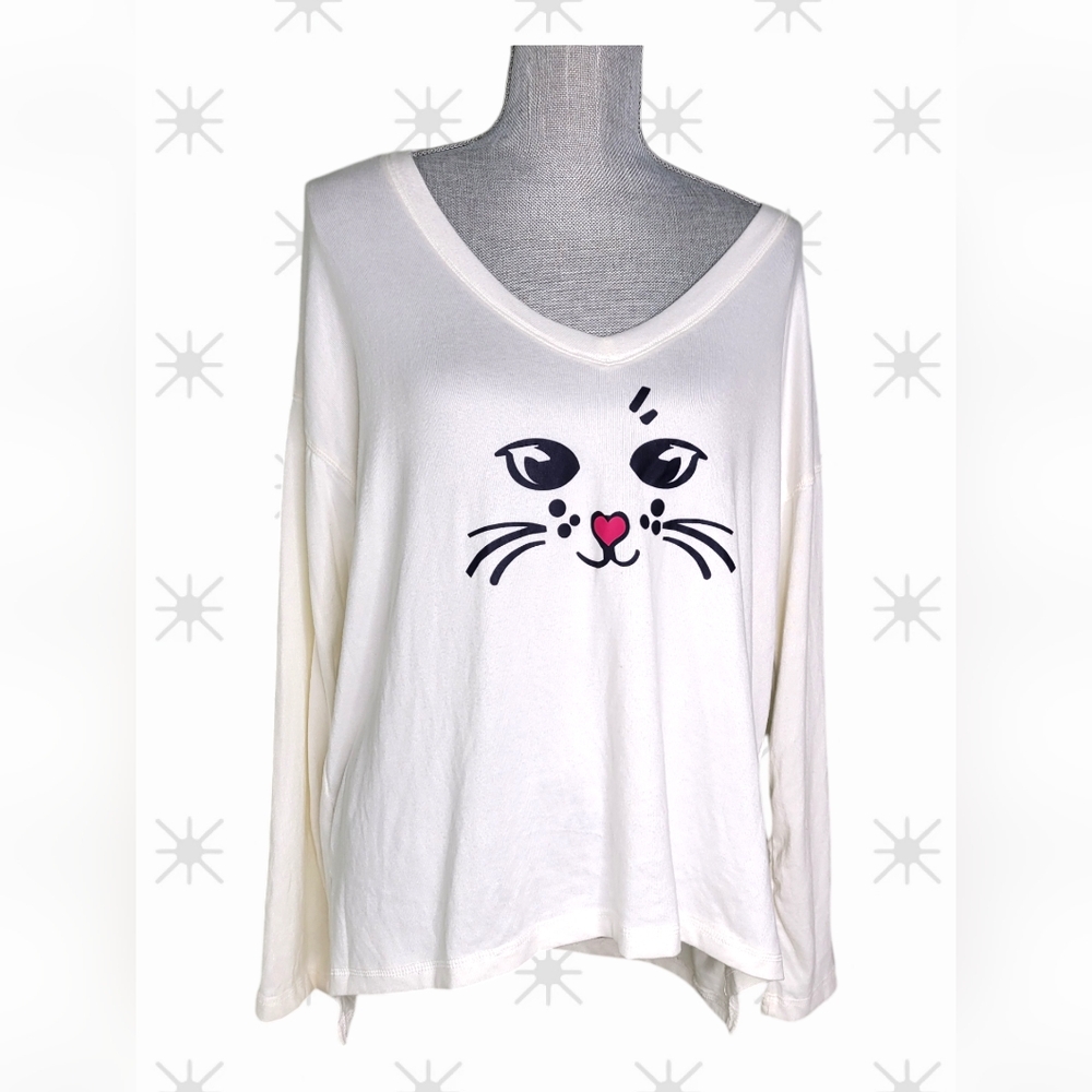 Free Press Women's Knit Sleep Loungewear "Cat Face" Graphic Pajama Top Large